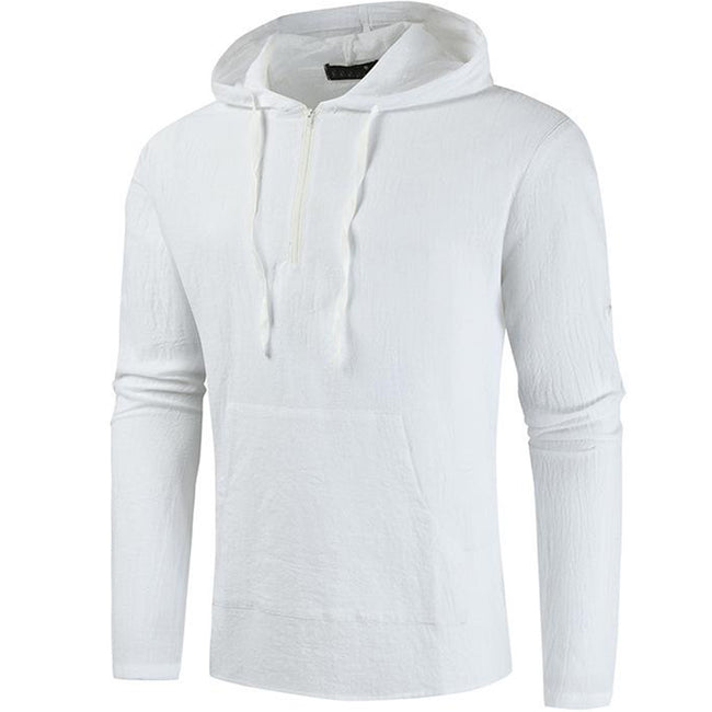Men's Solid Color Cotton Linen Long-sleeved Half Zipper Pullover Shirt