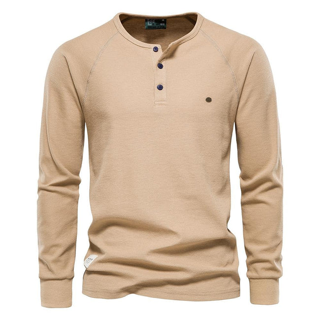 Men's Solid Waffle Raglan Sleeve Henley Collar T-Shirt