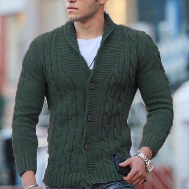 Men's Solid Color Cable Shawl-lapels Button Knit Cardigan