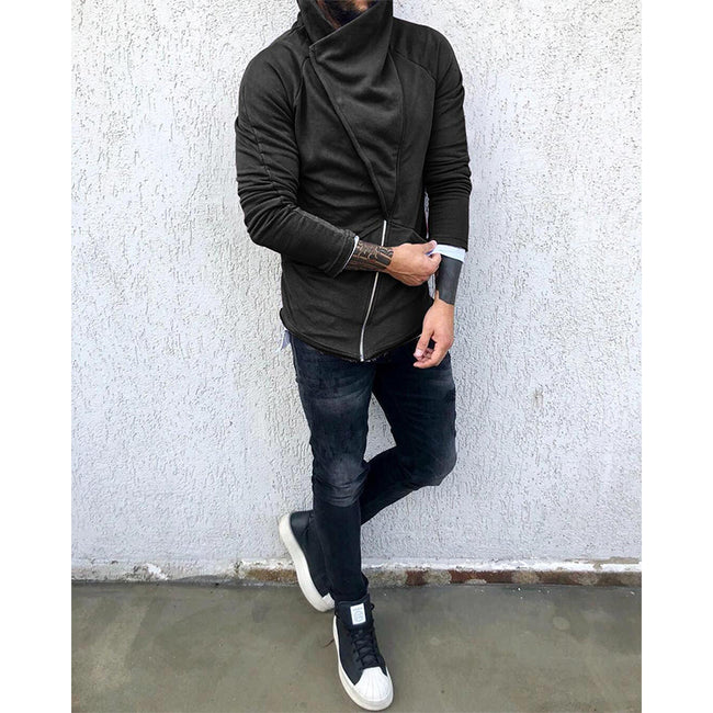 Men's Solid Color Hooded Slim Fit Fleece Diagonal Placket Sweatshirt
