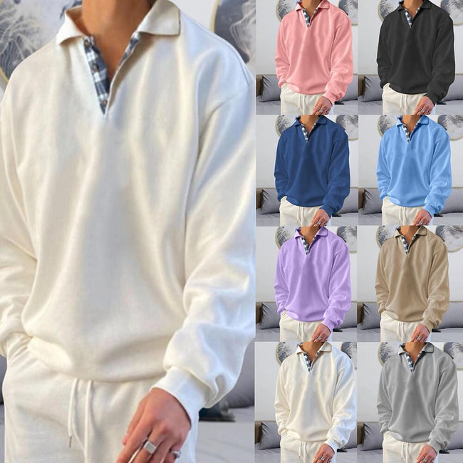 Men's Solid Color Patchwork Sweatshirts Long Sleeve With Button Down