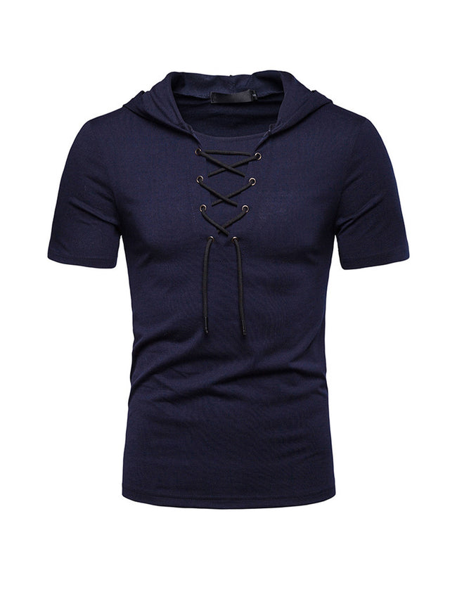 Men's Lace-up Short Sleeve Hooded T-shirt