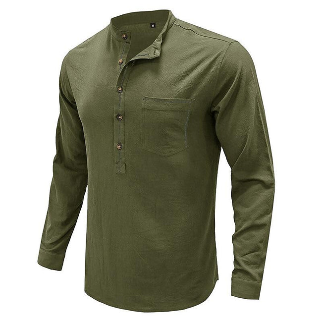 Men's Henley Collar Cotton Linen Long Sleeve Shirt
