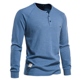 Men's Solid Waffle Raglan Sleeve Henley Collar T-Shirt