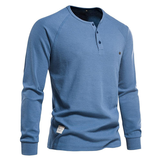 Men's Solid Waffle Raglan Sleeve Henley Collar T-Shirt