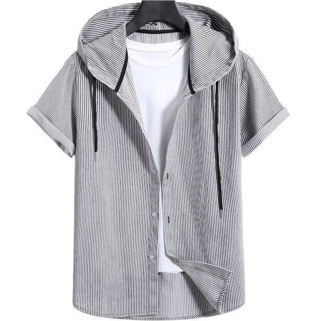 Men's Casual Hooded Striped Print Short-sleeved Shirt