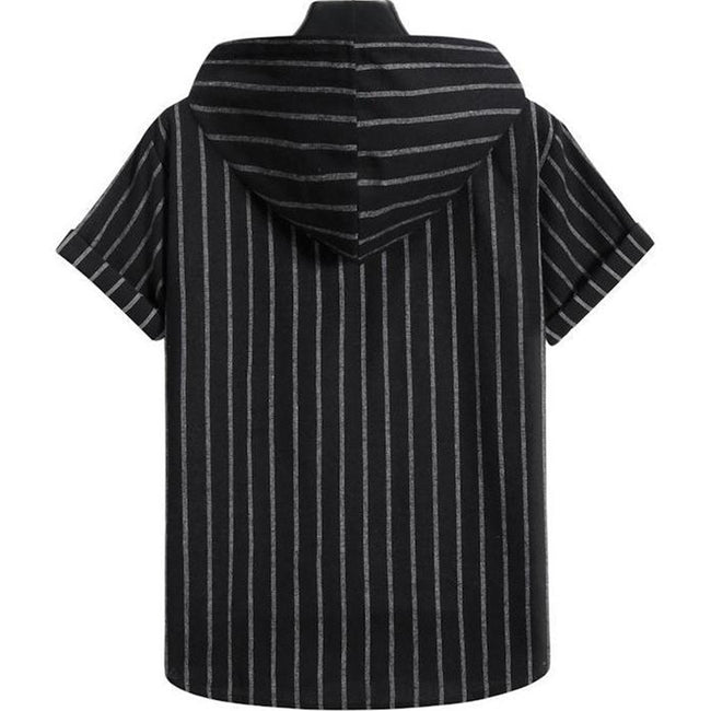 Men's Casual Hooded Striped Print Short-sleeved Shirt