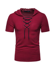 Men's Lace-up Short Sleeve Hooded T-shirt