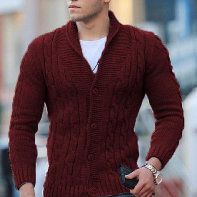 Men's Solid Color Cable Shawl-lapels Button Knit Cardigan