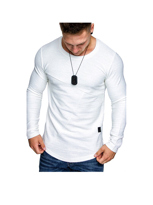 Men's Textured Solid Color Cut Detail Crew Neck Long-sleeve T-shirt