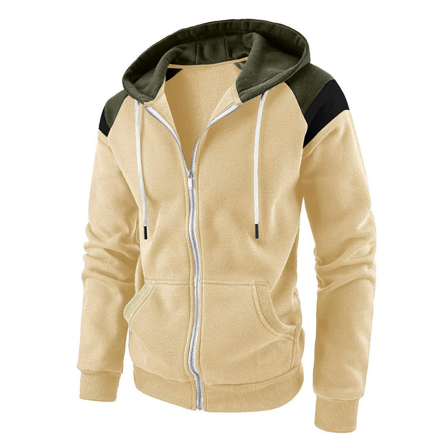 Men's Hooded Patchwork Drawstring Zip Sweatshirt Casual Retro