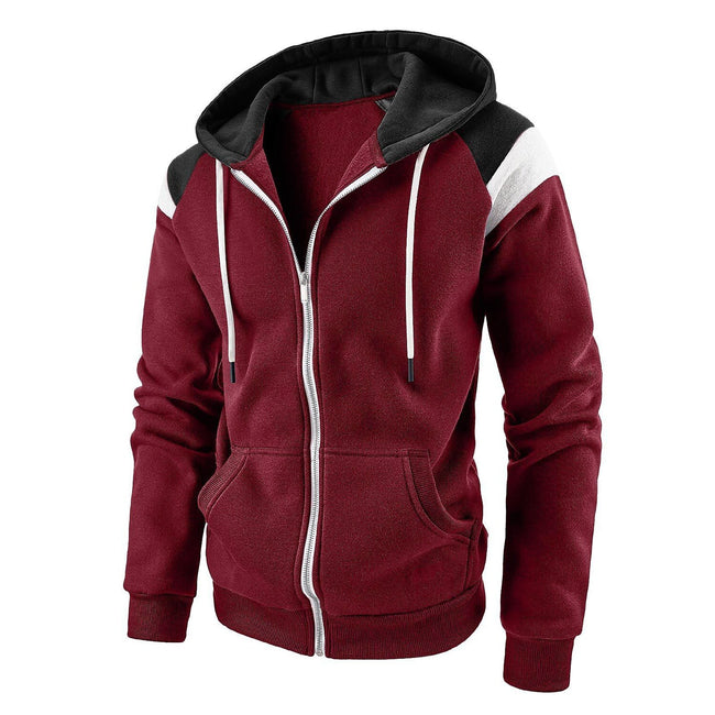 Men's Hooded Patchwork Drawstring Zip Sweatshirt Casual Retro