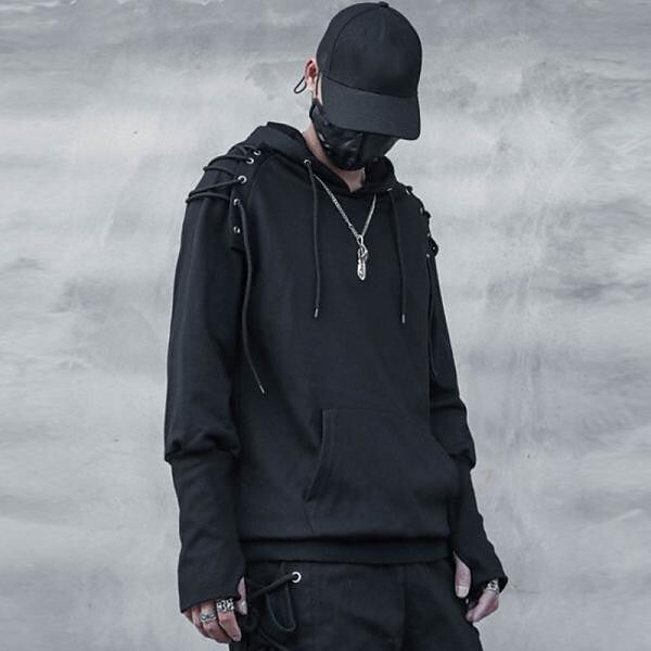 Men's Shoulder Tie Hooded Sweatshirt with Thumb Holes on Sleeves