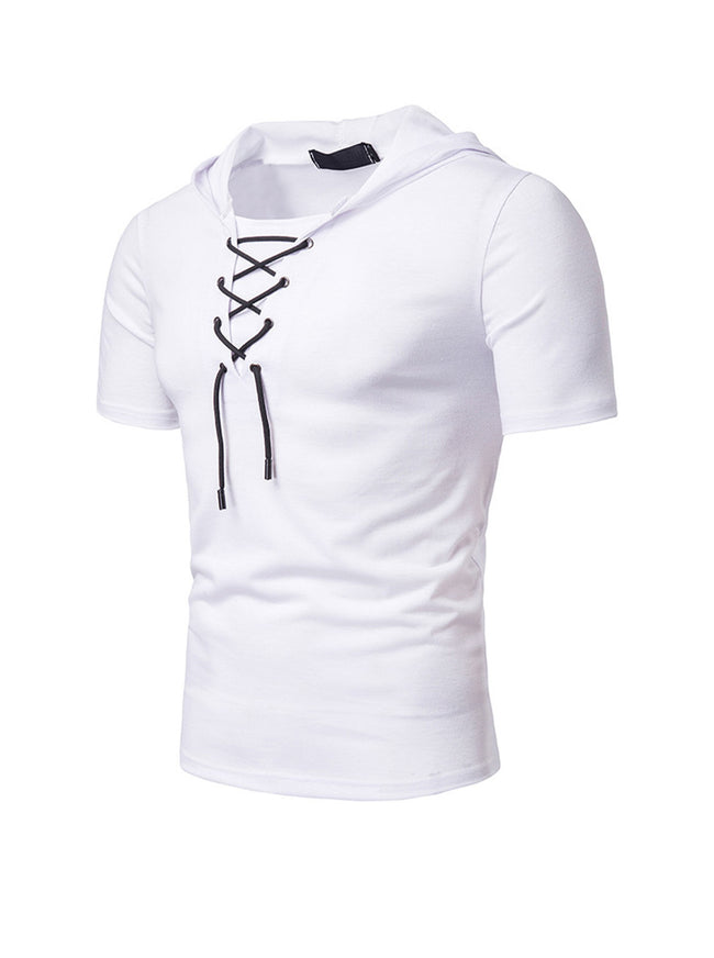 Men's Lace-up Short Sleeve Hooded T-shirt