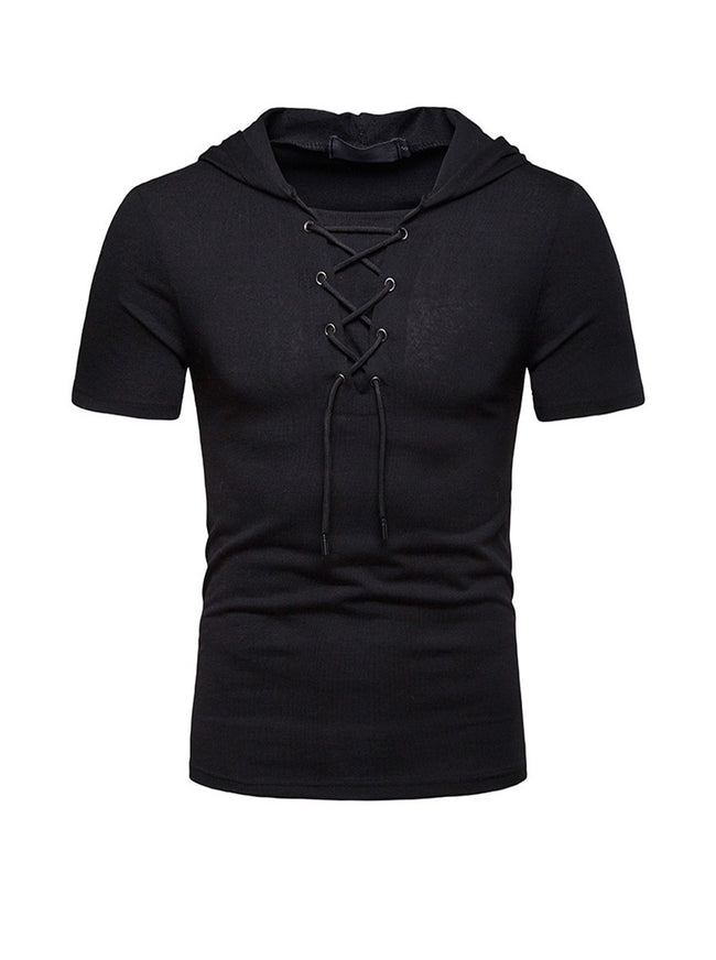 Men's Lace-up Short Sleeve Hooded T-shirt