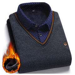 Men's Fleece Patchwork Fake Two Piece Knit Sweater