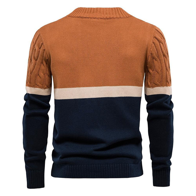 Men's Stand Collar Cotton Contrast Striped Cable Cardigan