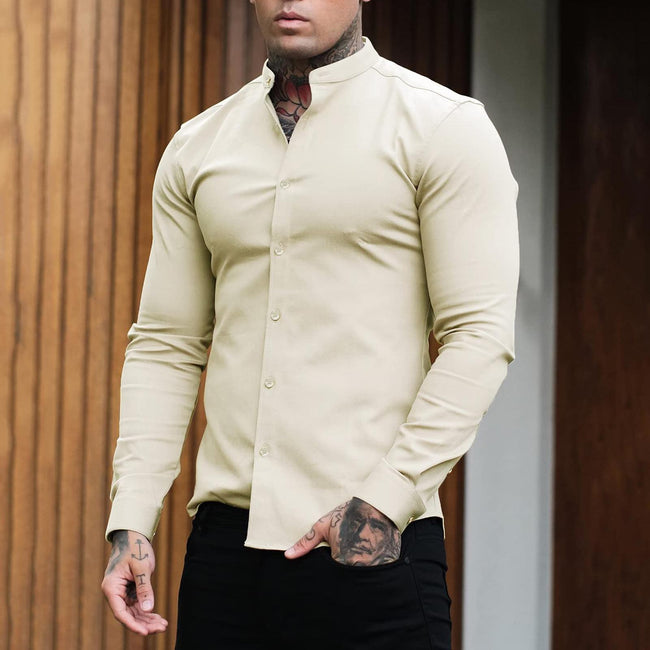 Men's Solid Color Stand Collar Slim Fit Stretch Long Sleeve Shirt