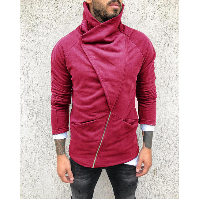 Men's Solid Color Hooded Slim Fit Fleece Diagonal Placket Sweatshirt