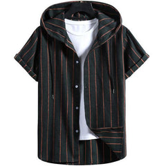 Men's Casual Hooded Striped Print Short-sleeved Shirt
