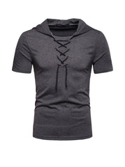 Men's Lace-up Short Sleeve Hooded T-shirt