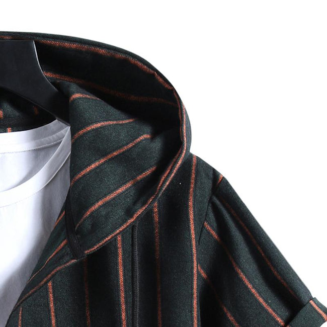 Men's Casual Hooded Striped Print Short-sleeved Shirt