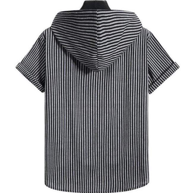Men's Casual Hooded Striped Print Short-sleeved Shirt