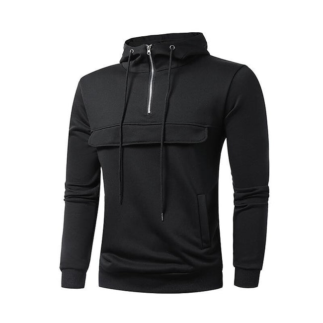 Men's Half Zip Pocket Solid Color Casual Sports Drawstring Hoodie
