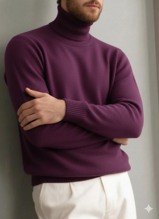 Men's comfortable textured cashmere turtleneck warm sweater