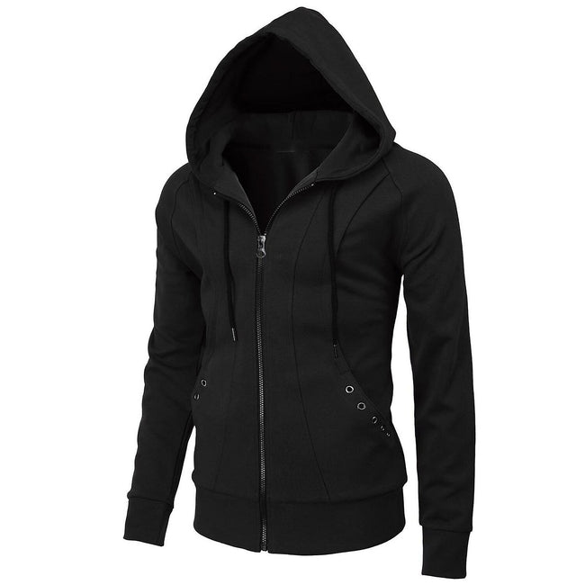 Men's Hooded Solid Color Drawstring Pocket Special Design Zip Sweatshirt Casual Retro