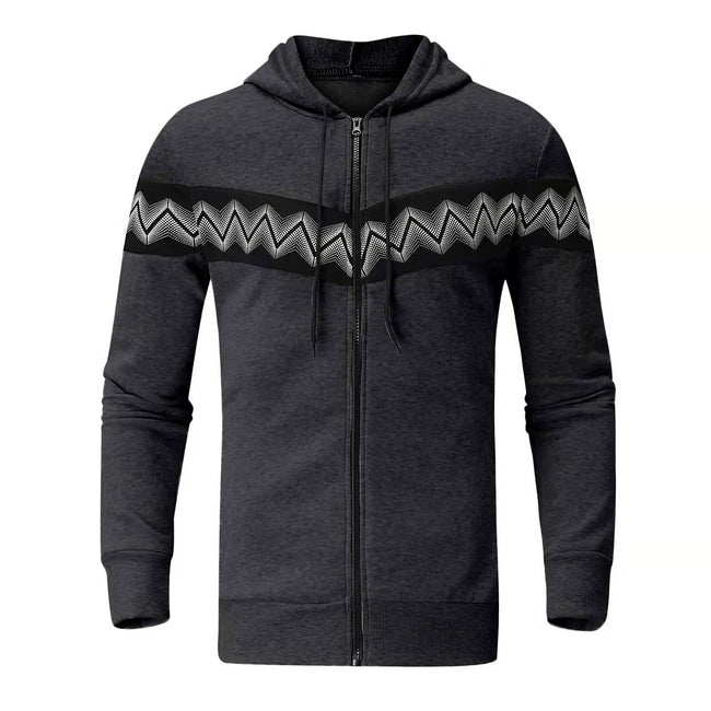 Men's Hooded Drawstring Pocket Zip Partial Print Detail Sweatshirt And Two-piece Set