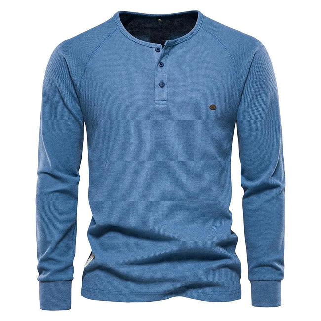 Men's Solid Waffle Raglan Sleeve Henley Collar T-Shirt
