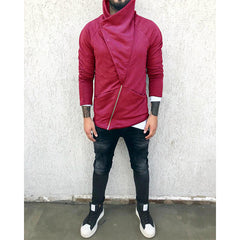 Men's Solid Color Hooded Slim Fit Fleece Diagonal Placket Sweatshirt