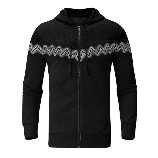 Men's Hooded Drawstring Pocket Zip Partial Print Detail Sweatshirt And Two-piece Set