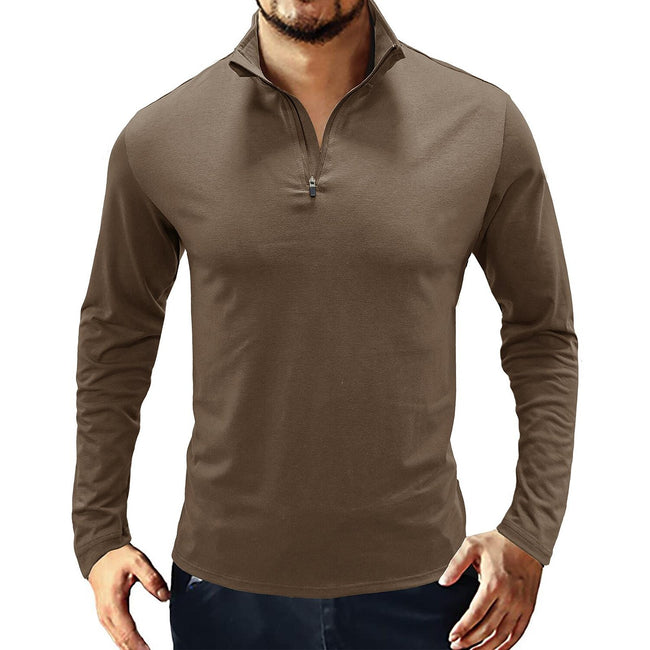 Men's Stand Collar Zip Solid Color Long Sleeve T-Shirt