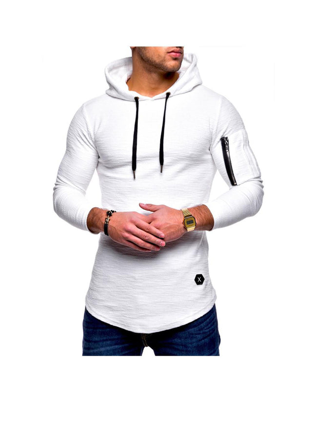 Men's Solid Slub Cotton Hoodie With Decorative Zipper Pocket On Sleeve Arm