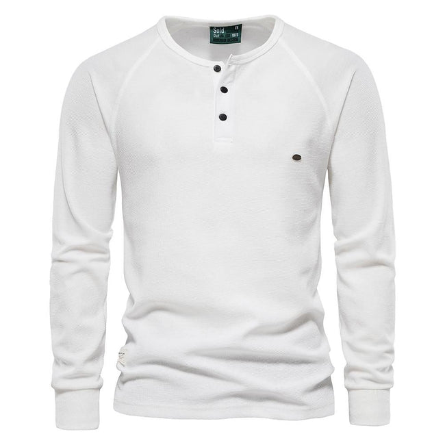 Men's Solid Waffle Raglan Sleeve Henley Collar T-Shirt