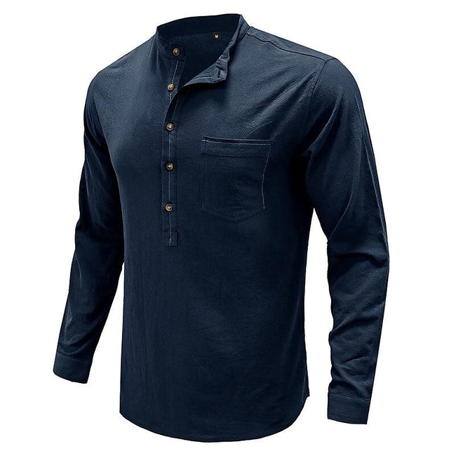 Men's Henley Collar Cotton Linen Long Sleeve Shirt