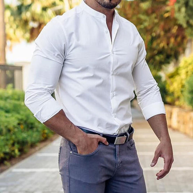Men's Solid Color Stand Collar Slim Fit Stretch Long Sleeve Shirt