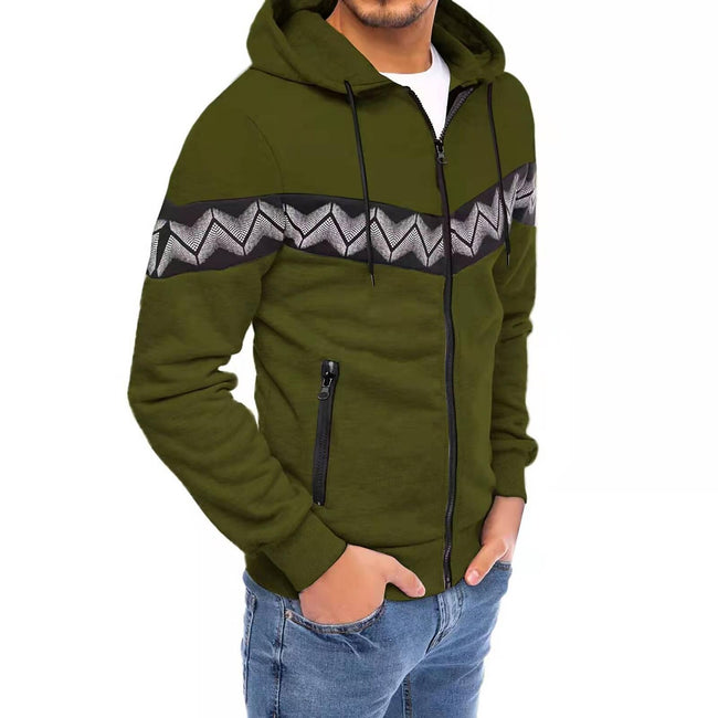 Men's Hooded Drawstring Pocket Zip Partial Print Detail Sweatshirt And Two-piece Set