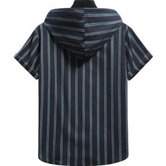 Men's Casual Hooded Striped Print Short-sleeved Shirt