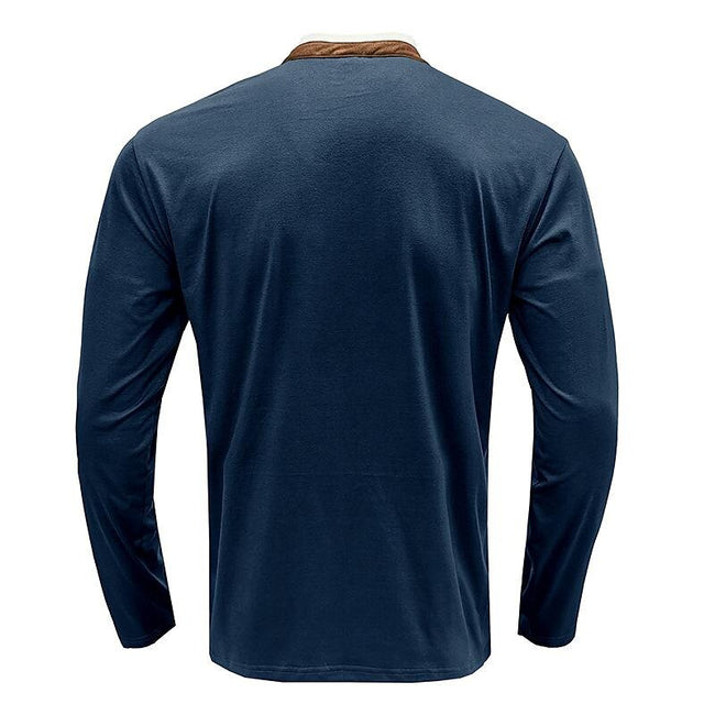 Men's Henley Solid Color Patchwork Long Sleeve T-Shirt