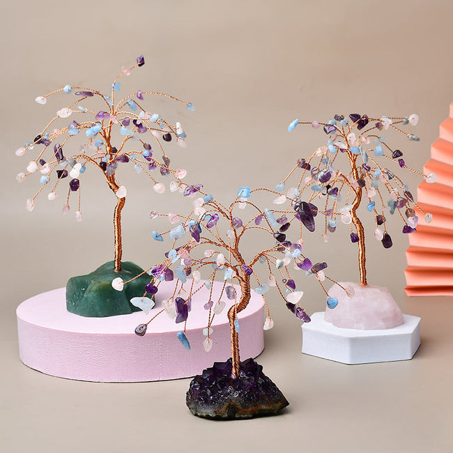 Natural Crystal Stone Base Three-color Fortune Tree