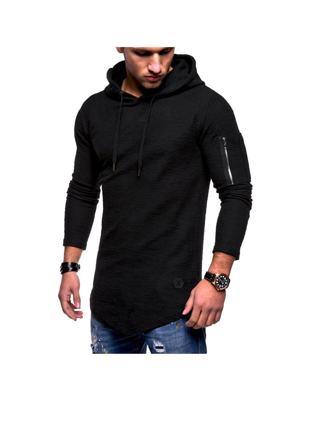 Men's Solid Slub Cotton Hoodie With Decorative Zipper Pocket On Sleeve Arm