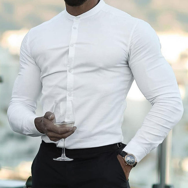 Men's Solid Color Stand Collar Slim Fit Stretch Long Sleeve Shirt