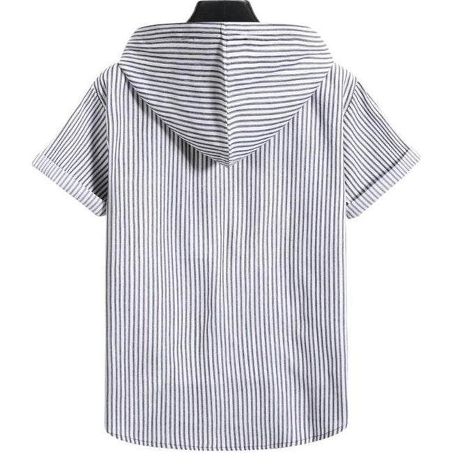 Men's Casual Hooded Striped Print Short-sleeved Shirt