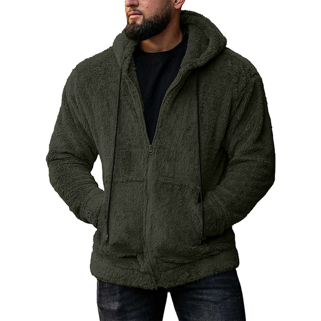 Men's Solid Color Fleece Zip-Up Drawstring Hoodie Sweatshirt