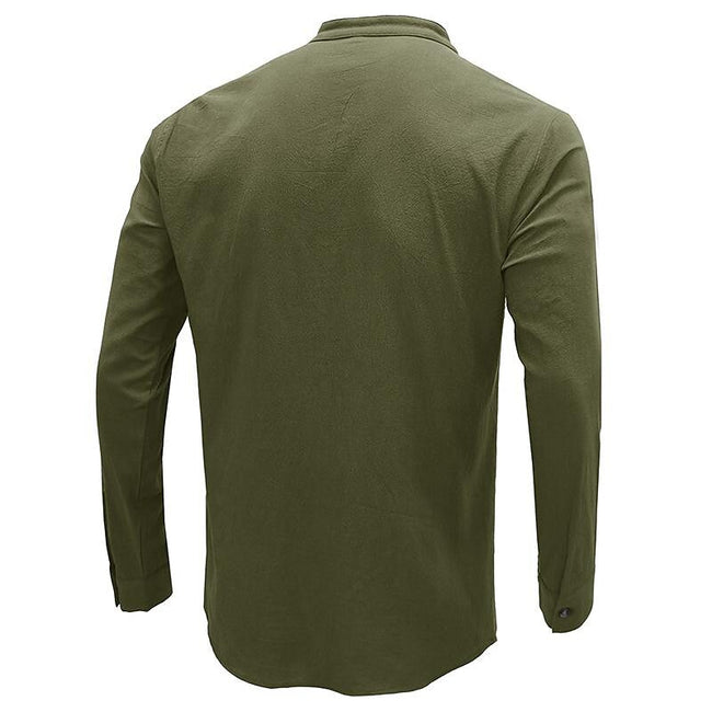 Men's Henley Collar Cotton Linen Long Sleeve Shirt