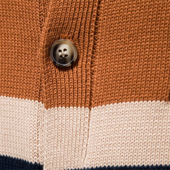 Men's Stand Collar Cotton Contrast Striped Cable Cardigan