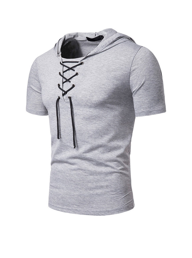 Men's Lace-up Short Sleeve Hooded T-shirt